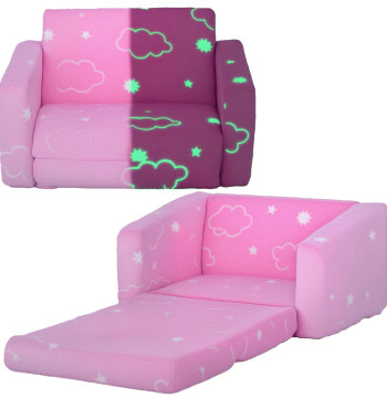 Poltrona para Crianças Dobrável Sofá Infantil Reclinável 2 em 1 Sofá para Crianças Estofado em Tecido Luminoso com Desenho de Nunes e Capa Lavável para Dormitório Sala de Estar Rosa