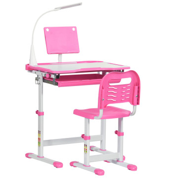 Conjunto de Secretária e Mesa para Crianças acima de 6 Anos Secretária Infantil com Altura Ajustável Mesa Inclinável Lâmpada Gaveta e Prateleira para Livros Rosa