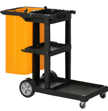 Voiture de nettoyage avec panier de nettoyage Sac avec roues et 3 Shears Voiture pour le nettoyage d'hôtel 121x50.5x96.5 cm Noir et jaune