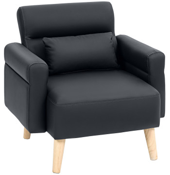 Poltrona Moderna Estofada em Couro Sintético com Apoios de Braço Acolchoados Encosto com Costuras e Pés em Madeira para Dormitório 77x78x78 cm Preto