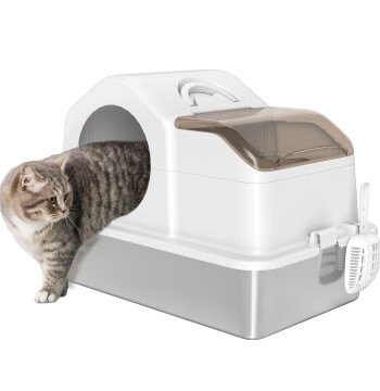 Scatola di sabbia per gatti coperti scatola di sabbia Chiuso con vassoio in acciaio inossidabile Copertura rimovibile Tappeti alti Facile da pulire Spalla senza olio per grandi gatti 60.5x40.5x42 cm Bianco