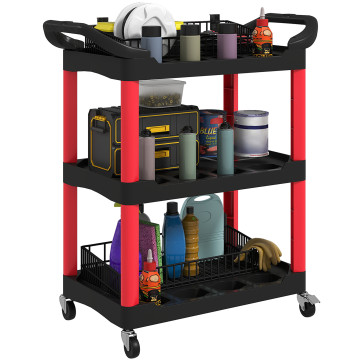 Workshop Car Tools Voiture avec 3 roues et poignées pour garage Workshop Home Load 91 kg 83x43x97 cm Rouge et Noir