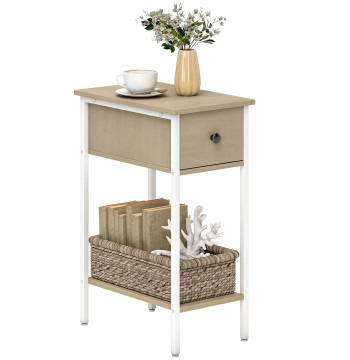 Mesa Auxiliar Estreita Mesa Auxiliar Industrial com Gaveta Prateleira Aberta e Estrutura Metálica para Sala de Estar Dormitório 25x39,8x58,2 cm Madeira