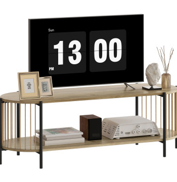 Móvel de TV Estilo Boémio Móvel de TV até 55 Polegadas com Detalhes em Corda de Papel e 2 Prateleiras Abertas para Sala de Estar Quarto 124x43,5x41 cm Madeira