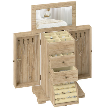 4 Wood Bijoux Box Grande Bijoux Organisateur Niveaux avec 2 Tiroirs Miroirs pour Boucles d'oreilles Colliers 26.5x16x33.5 cm Bois