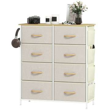 Cómoda Alta de Tejido con 8 Gavetas 4 Bolsos Laterais 2 Ganchos y Estructura de Acero Cómoda para Cuarto Sala de estar Corredor 86x30x94,5 cm Bege