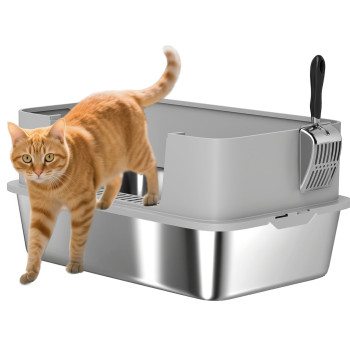 Caja de arena para gatos en acero inoxidable XL Caja de arena para gatos con Borda Alta Pá fácil de Limpiar Prueba de Fugas 60x40x29,5 cm Cinzento