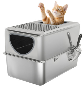 Caixa de Areia para Gatos em Aço Inoxidável XL Caixa de Areia para Gatos com Pá Aberturas Duplas Fácil de Limpar 60x39,6x40,1 cm Prateado