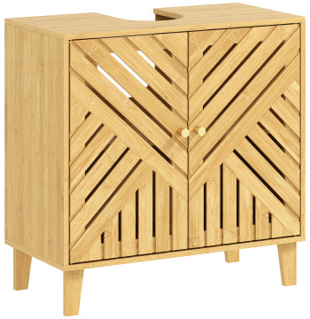 Móvil para Lavatorio Pousar en Bambu Móvil de Casa de Baño con 2 Puertas Ripadas y Prateleira Ajustable Armário de Casa de Baño para Lavatorio sin Pedestal Estilo Nórdico 60x30x60 cm Madeira