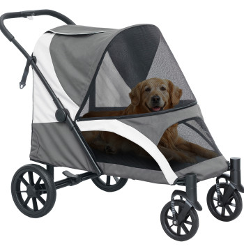 Carrinho Dobrável para Cães Grandes com Janelas de Malha Almofada Lavável Correias de Segurança Rodas Amortecedoras e Bolsas Capacidade 30 kg 124x67x100 cm Cinzento Escuro