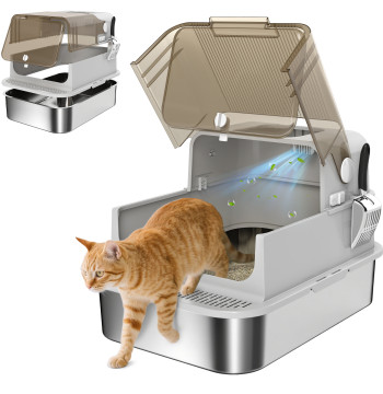 Caixa de Areia para Gatos em Aço Inoxidável XXL Caixa de Areia para Gatos Grandes com Tampa Basculante Laterais Altas Entrada Superior Pá e Anti-Fugas 70x50x46,5 cm Cinzento