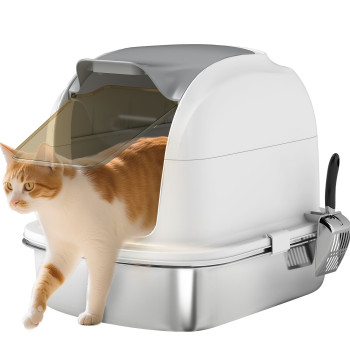 Caja de arena para gatos en acero inoxidable XL Caja de arena para gatos grandes con Tampa Abatible Laterais Alta Entrada Superior Pá sin Odores Fácil de Limpar Antifugas 52,4x41,3x42 cm Blanco