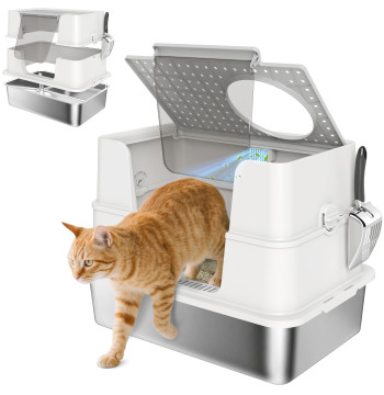 Caja de arena para gatos de acero inoxidable XL Caja de arena para gatos grandes con Tampa Abatible Entradas Altas, Pá sin Odores Fácil de Limpiar Antifugas gris claro