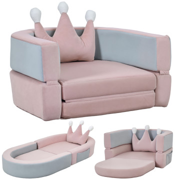 Canapé pour enfants Canapé convertible pour enfants avec forme de coussin bouclé pliable dans lit et zone de jeu tapisserie à Veludo Soft pour enfants de 18 à 36 mois rose et gris bleu