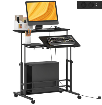 Secretaria Elevatoria con Rodas Tomadas Portas USB y Altura ajustable 80x60 cm Secretaria de Pé con Panel Central Inclinado y Estante Inferior de Arrumación, para Oficina Casa 80x60x59,5-95 cm Negro