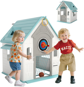 Home Bambini Fuori e Interno 5 in 1 Casa Giardino con Lancio di Anelli di Pallacanestro Football Darts Game House per Bambini da 2 a 5 132x118x124 anni Beige