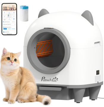 Caixa de Areia Autolimpante para Gatos 80L Caixa de Areia Autolimpante Eliminação de Odores Controlo por APP Proteção de Segurança 1 Rolo de Sacos do Lixo 55,5x51x60 cm Branco