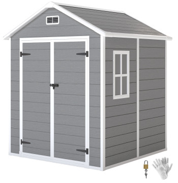 Abri de jardin en résine avec plancher 182x151x219 cm Effet bois Structure en aluminium renforcé Fenêtre ventilation Portes doubles avec serrure grise