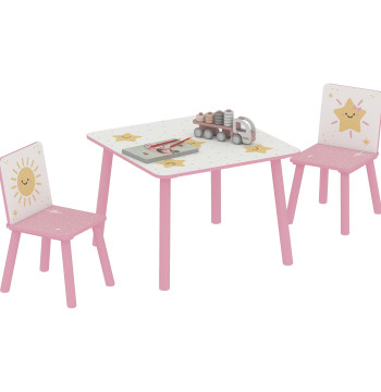 Mesa e Cadeiras para Crianças de 3 Peças Mesa Infantil com 2 Cadeiras em Madeira Conjunto de Móveis com Desenhos de Estrelas e Sol para Crianças Acima de 3 Anos para Quarto Sala de Jogos Rosa