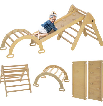 Triângulo de Escalada de Madeira 5 em 1 Escada para Crianças de 18-48 Meses com Rampa e Arco de Escalada para Deslizar ou Escalar 178x64,5x63 cm Madeira
