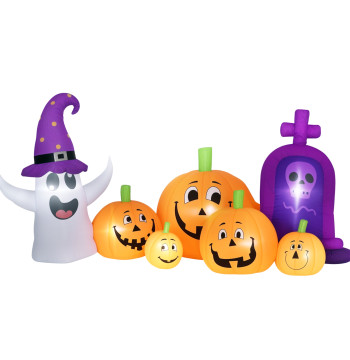 Abóbora Insuflável de Halloween com Fantasma e Lápida Decoração de Halloween com Luzes LED IP44 e Insuflador para Jardim Festas Exterior 240x130x130 cm Multicolor