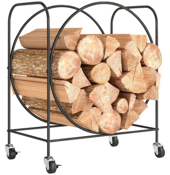 Supporto per legno di metallo con ruote 51x30x60 cm Supporto esterno e interno per stoccaggio di legna da ardere per legno nero