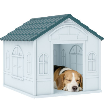 Casa para Cães 65x75,7x63 cm Casa para Cães com Janelas e Teto com Telhas de Imitação para Cães Médios Azul e Branco