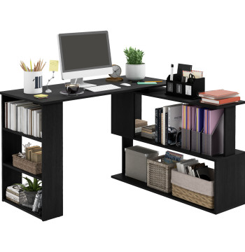 Mesa de Computador Secretária Mesa de Canto Giratória 360° com 5 Prateleiras para Casa Escritório Preto
