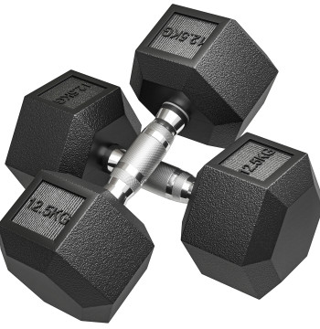 Conjunto de 2 Halteres Hexagonales 12,5 kg (25 kg Total) Hierro Fundido Revestidos en Borracha con Pega Anti-Deslizante para Musculación en Casa o Ginásio Preto y Prateado