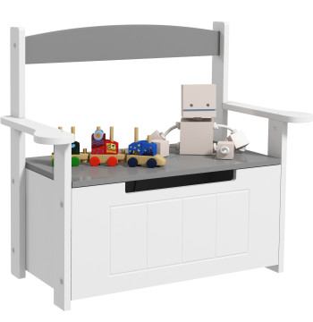 Baú de Brinquedos Infantil Banco de Armazenamento para Crianças com Encosto e Tampa Amortecida Suporta 30 kg para Salas de Jogos Quarto 68,5x34x58 cm Cinza e Branco