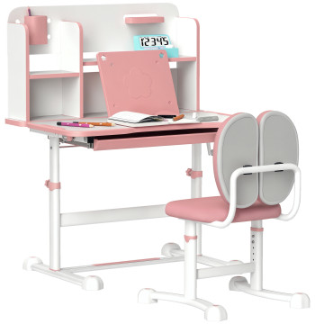 Ensemble de secrétaire et chaise pour enfants de plus de 3 ans Bureau pour enfants Hauteur réglable avec tiroir inclinable et étagère arrière rembourrée, pour livres 80x55x107.5 cm Rose