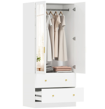 Roupeiro con 2 Puertas y 2 Gavetas Armário Roupeiro con Espejo Barra para Pendurar Estilo Moderno 80x50x180 cm Blanco