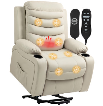 Poltrona Relax Reclinável Elétrica Elevatória com Massagem Vibratória e Aquecimento Poltrona Elevatória com Porta USB Controlo Remoto Apoio para Pés Estofada em PU Bolsos Laterais Creme