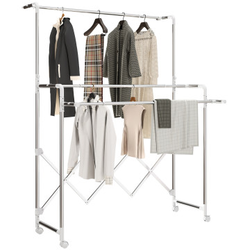 Estendal Vertical Dobrável de 3 Níveis Estendal de Aço Inoxidável com 3 Barras Ajustáveis e Extensíveis 4 Rodas para Interior 104-150x103x145-197 cm Prateado