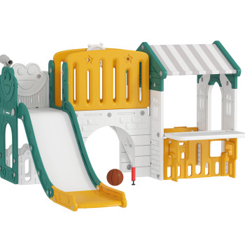 Scivolo per bambini 7 in 1 con Slippery Children's House con Slippery Ladder Basketball Ring Indoor Telescope Tunnel 189x180x111 cm Giallo e Verde