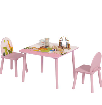 Mesa Infantil com 2 Cadeiras Mesa e Cadeiras para Crianças com Estampados de Animais para Meninos e Meninas de 3-8 Anos para Casa Escola Infantil Rosa