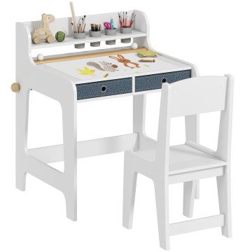 Secretária Infantil com Cadeira Secretária para Crianças com 2 Gavetas Extraíveis Estante e Porta-Copos para Estudar Ler e Desenhar Mesa para Crianças para Quarto Sala de Estudo Branco