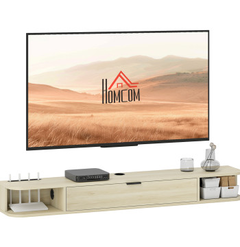 Móvel de TV Suspenso Móvel de TV para Sala com Gaveta Rebatível 2 Prateleiras Abertas Orifício para Cabos Estilo Moderno para Televisão 60 Polegadas 140x24x16 cm Madeira
