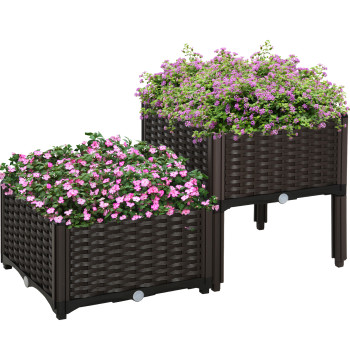 Conjunto de 2 Floreiras Quadradas Floreiras para Flores e Vegetais com Orifícios de Drenagem e Pés Altos 40x40x26-44cm Marrom