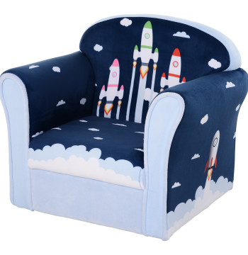 Poltrona para Crianças acima de 3 Anos com Desenhos de Foguete Estrutura de Madeira e Estofado em Flanela 50x39x44 cm Azul