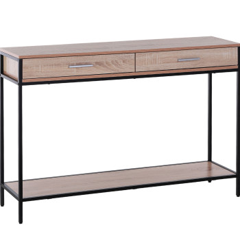 Mesa Tipo Consola Estrecho Consola de Estilo Industrial con 2 Gavetas y Prateleira Inferior para Entrada Corredor Oficina 120x30x81,5cm Carvalho y Negro