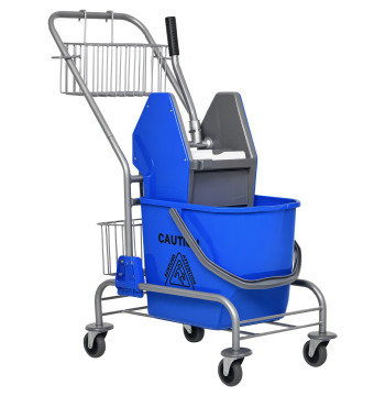 Coche de Limpieza Balde para Esfregona con Escorredor presión Ruedas y Cesto de Almacenamiento Capacidad 26L 73x45x95 cm Azul