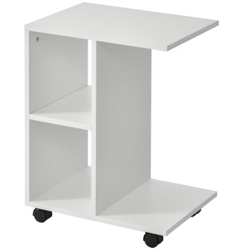 Mesa Auxiliar Moderna Mesa Auxiliar em Forma de C com Rodas e Prateleiras Abertas para Sala de Estar Dormitório 45x35x58 cm Branco