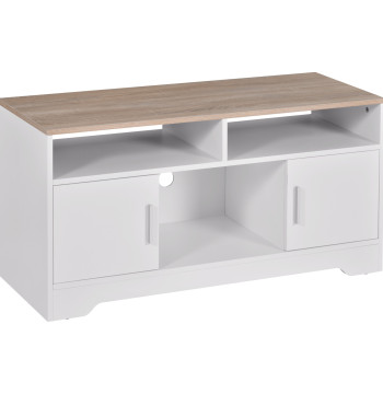 Móvel de TV para Sala de Estar Móvel de TV com Amplo Espaço de Arrumação Prateleiras Abertas Orifício Passa Cabos 105x40x52 cm Branco e Madeira