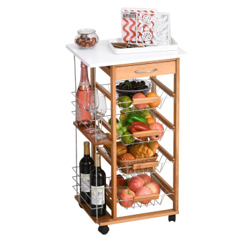 Carrello da cucina con ruote Ausiliary Cart con cassetto 4 cestini smontabili in metallo e scaffalature laterali 47x37x83 cm Legno