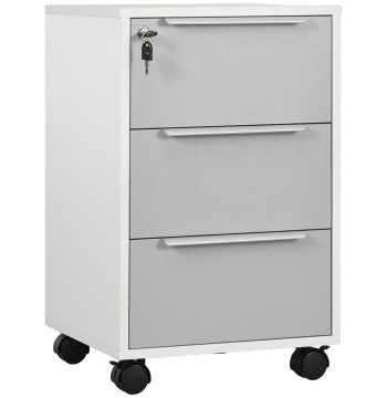 Bloco de Gavetas Móvel de Escritório com 3 Gavetas Fechadura Rodas e Travão para Documentos Arquivos 40x40x63,5 cm Branco e Cinza