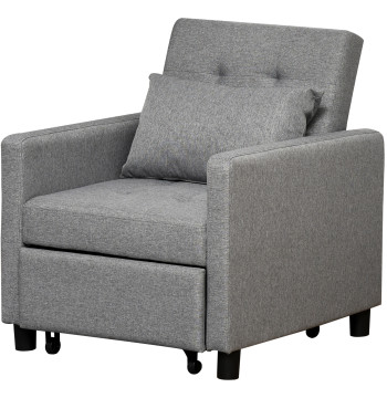 Sofá-cama Individual Poltrona com encosto reclinável Almofada removível Assento acolchoado e 4 rodas 69x77x84 cm Cinza