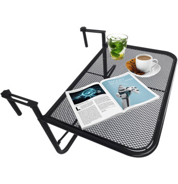 Mesa Suspensa para Varanda com Braço Regulável e Altura Ajustável em 3 Posições Estrutura de Metal Carga Máxima 30 kg 60x56,5x45 cm Preto