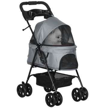 Carrinho de animal de estimação dobrável para cães removível de aço Tecido Oxford Rodas giratórias Freios Janela para gatos pequenos Cães 67x45x96 cm Cinza