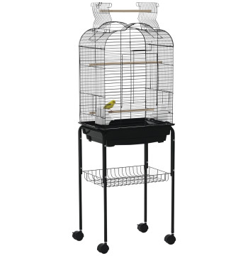 Gaiola para Passáros com Suporte Gaiola com 4 Rodas Teto com Abertura 2 Comedouros 3 Poleiros Bandeja Removível e Prateleira Inferior 46x36x130cm Preto